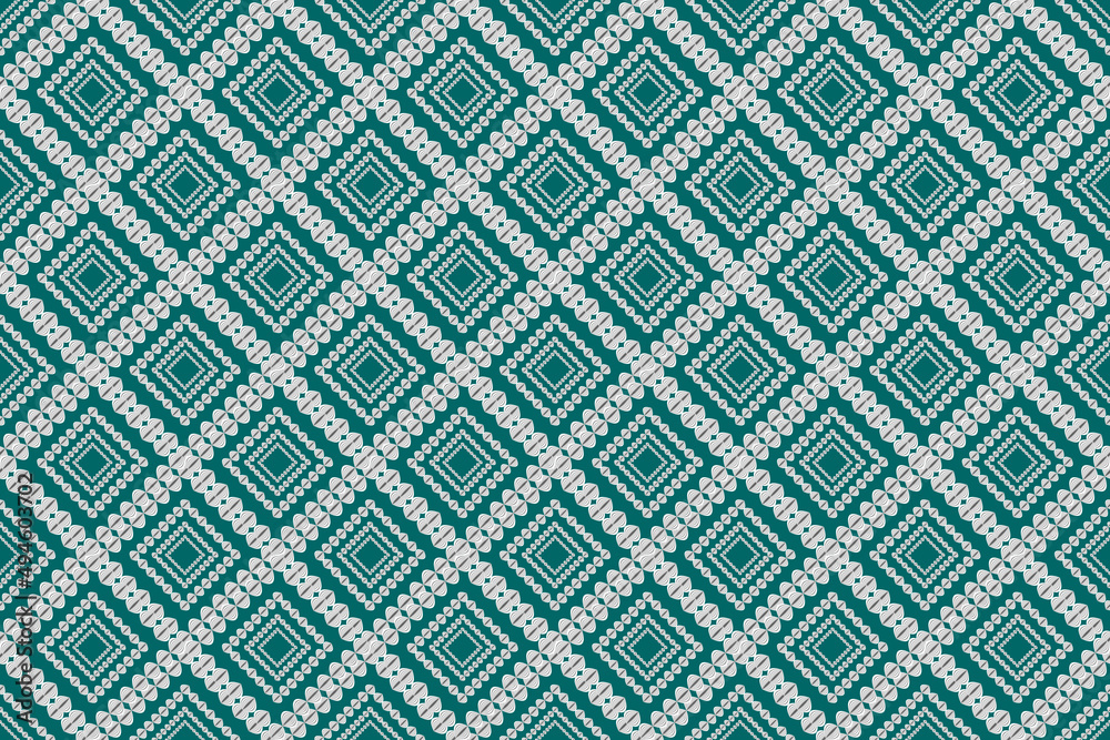 Seamless geometric ethnic fabric pattern, quadrilateral pattern, pattern design, carpet, wallpaper, curtain, cushion, clothing, wrap, batik, cyan background
