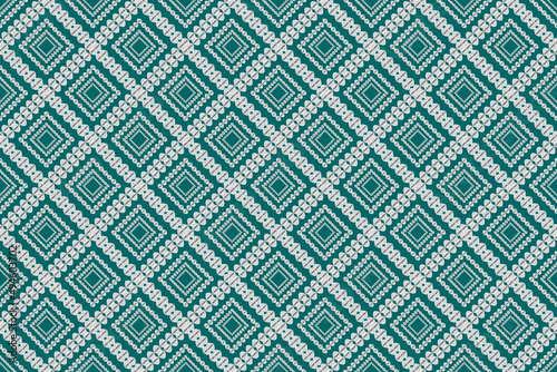 Seamless geometric ethnic fabric pattern, quadrilateral pattern, pattern design, carpet, wallpaper, curtain, cushion, clothing, wrap, batik, cyan background