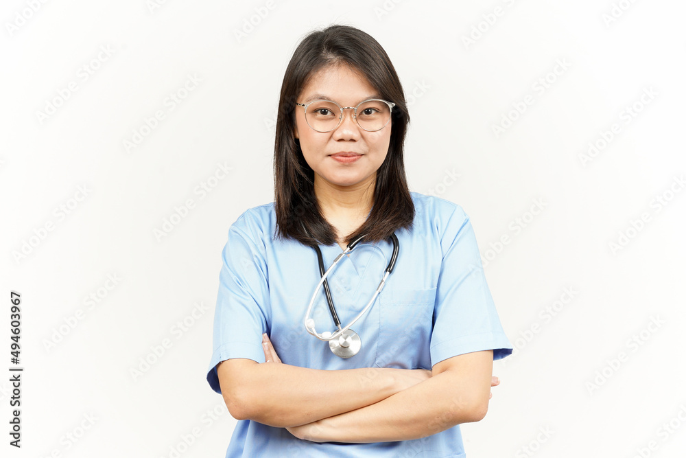 Folding arms and look at camera Of Asian Young Doctor Isolated On White Background Folding arms and look at camera Of Asian Young Doctor Isolated On White Background