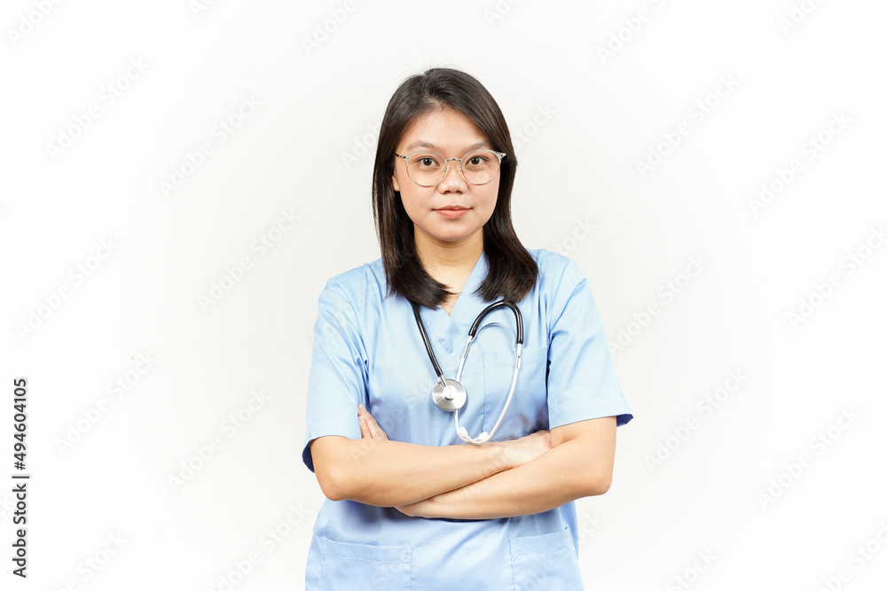 Folding arms and look at camera Of Asian Young Doctor Isolated On White Background Folding arms and look at camera Of Asian Young Doctor Isolated On White Background