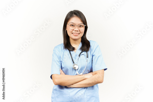 Folding arms and look at camera Of Asian Young Doctor Isolated On White Background