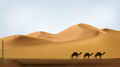 Desert landscape illustration of ramadan kareem with camel caravan silhouette vector illustration. 