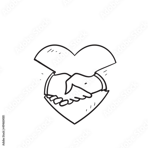 hand drawn doodle hand shake with love illustration icon isolated