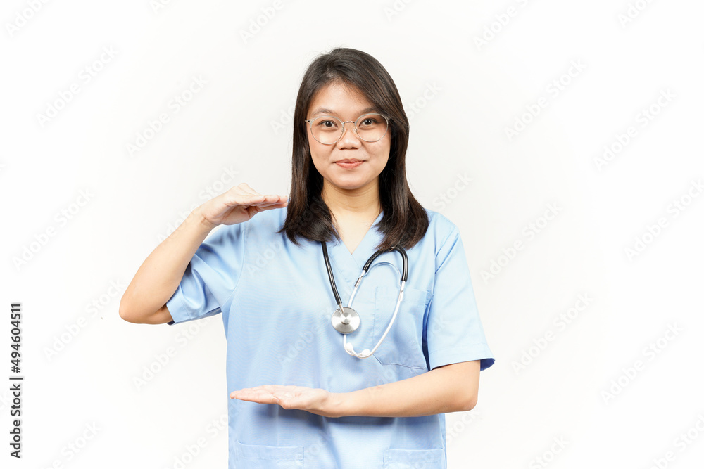 Measuring and Showing Big Sign Product Of Asian Young Doctor Isolated On White Background Measuring and Showing Big Sign Product Of Asian Young Doctor Isolated On White Background