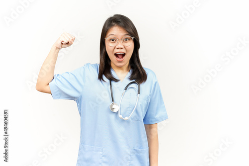 Showing Strength Arms Of Asian Young Doctor Isolated On White Background