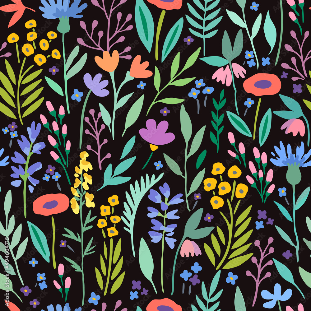 Seamless pattern with cute trendy flowers and plant elements for design and fabric.