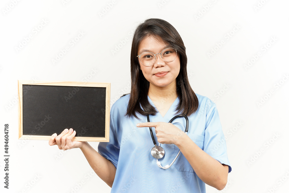 Showing Presenting and holding Blank Blackboard Of Asian Young Doctor Isolated On White Background Showing Presenting and holding Blank Blackboard Of Asian Young Doctor Isolated On White Background
