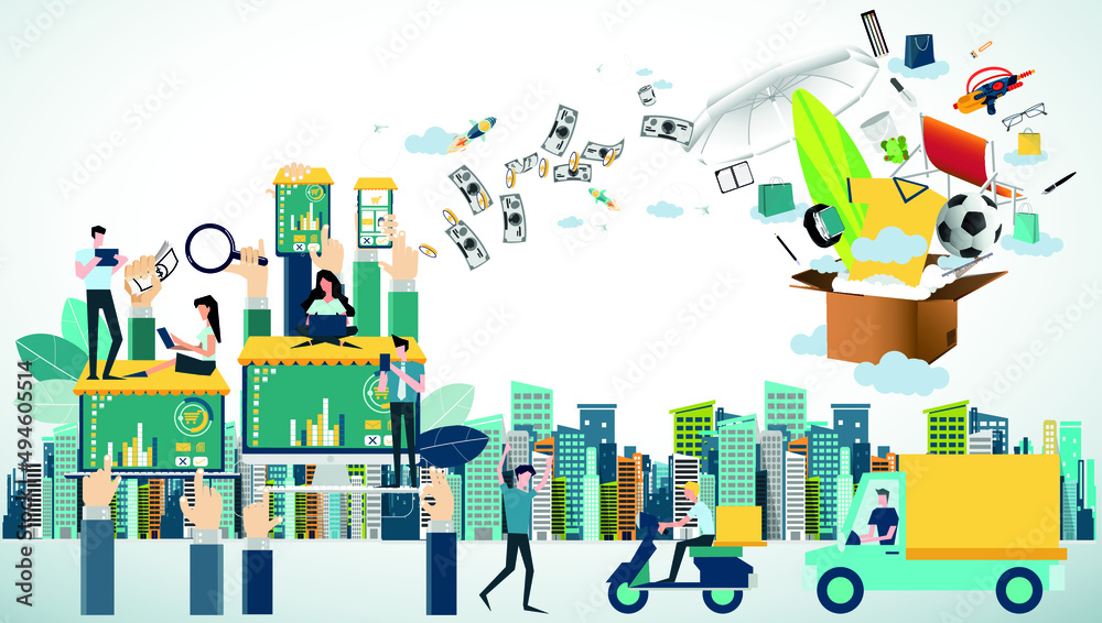 Online shopping  with Ordering, Pay, Product delivery  -  Creativity modern Idea and Concept illustration vector.