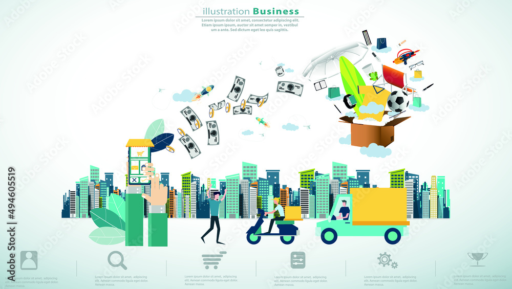 Online shopping  with Ordering, Pay, Product delivery  -  Creativity modern Idea and Concept illustration vector.
