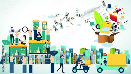 Online shopping  with Ordering, Pay, Product delivery  -  Creativity modern Idea and Concept illustration vector.