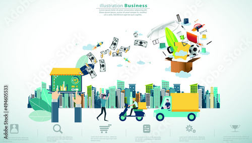 Online shopping  with Ordering, Pay, Product delivery  -  Creativity modern Idea and Concept illustration vector.