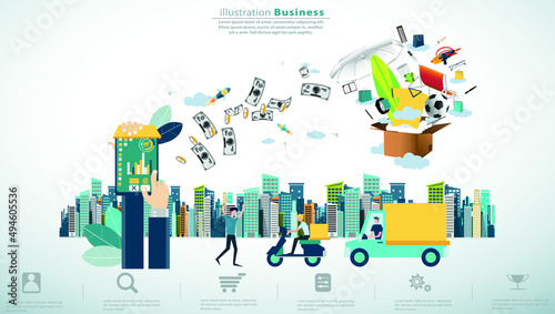 Online shopping  with Ordering, Pay, Product delivery  -  Creativity modern Idea and Concept illustration vector.