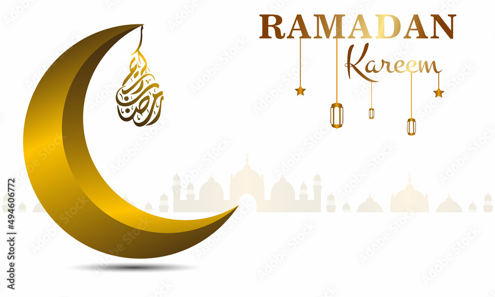 Ramadan Kareem Design. Ramadan illustration with golden half moon 3D and hanging ramadan kareem calligraphy. on a white background for the celebration of the holy month Ramadan. Ramadan Kareem Design. Ramadan illustration with golden half moon 3D and hanging ramadan kareem calligraphy. on a white background for the celebration of the holy month Ramadan.