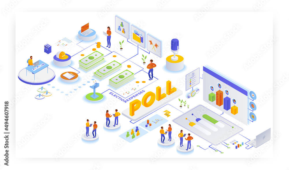 Election campaign fund, finance and expenses, public opinion polling, flat vector isometric illustration. Voter survey. Election campaign fund, finance and expenses, public opinion polling, flat vector isometric illustration. Voter survey.