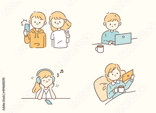 Cute children lifestyle. outline simple vector illustration.