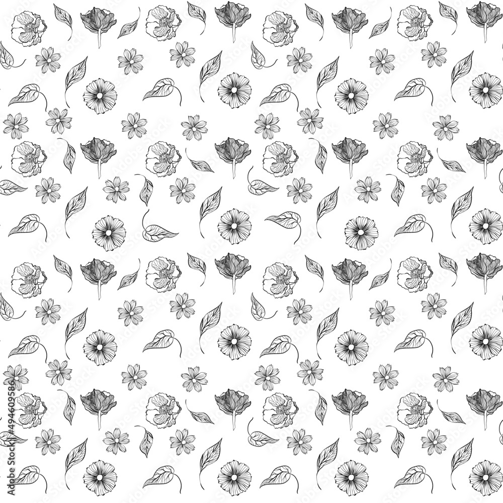 Fototapeta premium Seamless floral pattern with flowers and leaves in doodle technique on a white background vector illustration