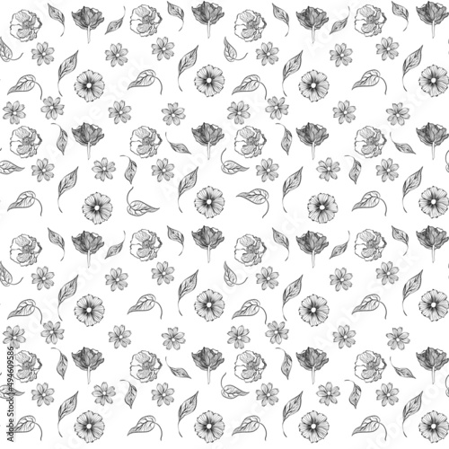Seamless floral pattern with flowers and leaves in doodle technique on a white background vector illustration