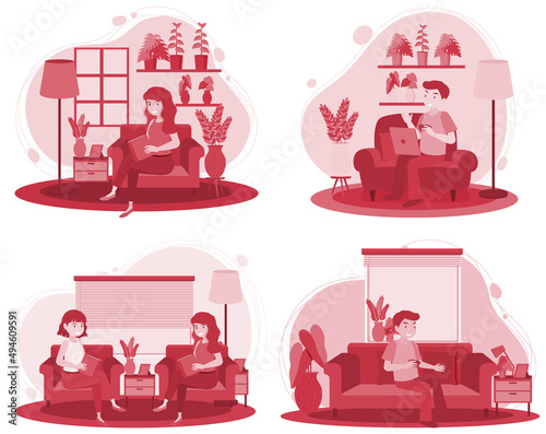 People working at coworking space simple flat design