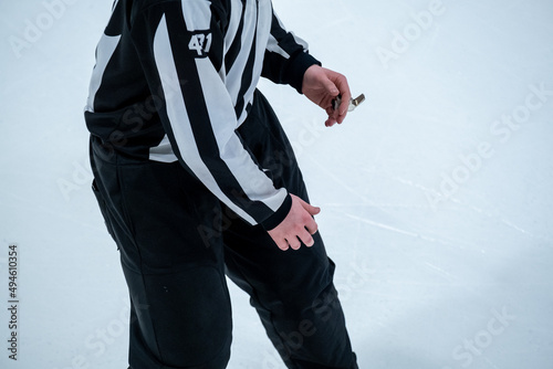 Ice hockey linesman holding a whistle and watching the game