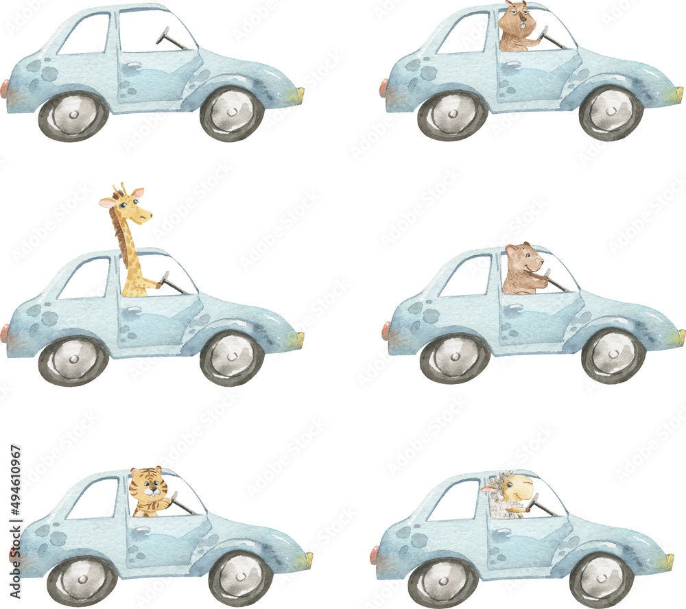 Naklejka premium Watercolor illustration of a blue car with animals at the wheel