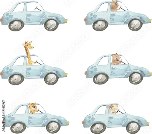 Watercolor illustration of a blue car with animals at the wheel