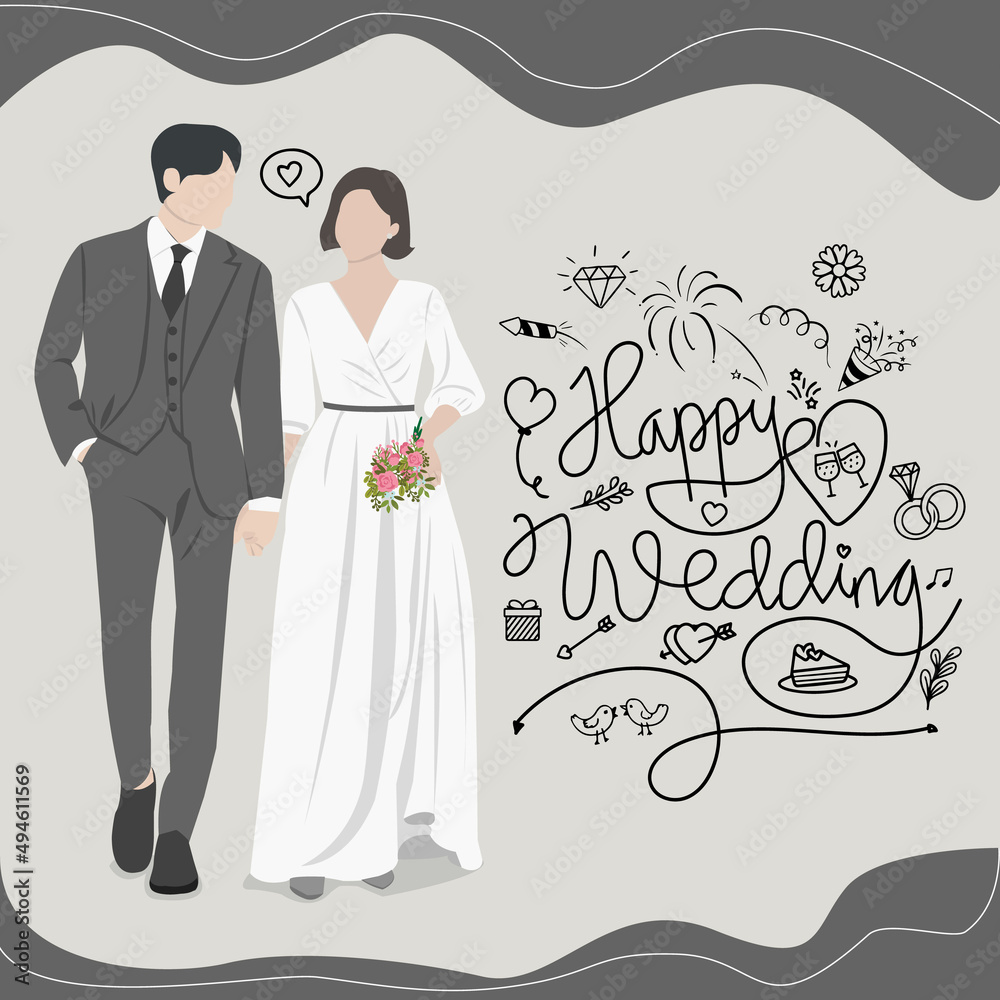 Beautiful young bride and groom couple holding hands on wedding day vector illustration Beautiful young bride and groom couple holding hands on wedding day vector illustration