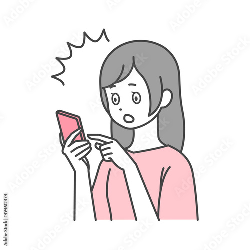 スマートフォンを操作していて驚く女性