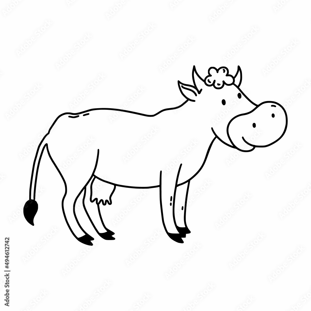 Fototapeta premium Cow in doodle style. Coloring book for child. Animal on farm.