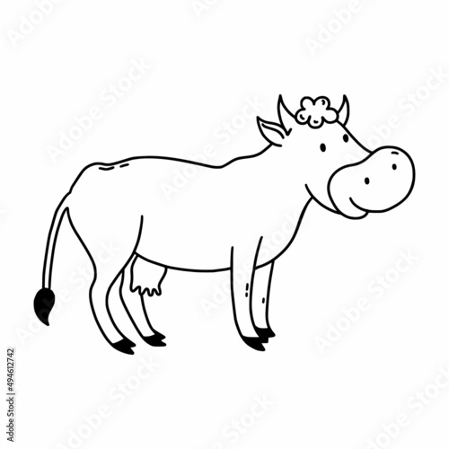 Cow in doodle style. Coloring book for child. Animal on farm.