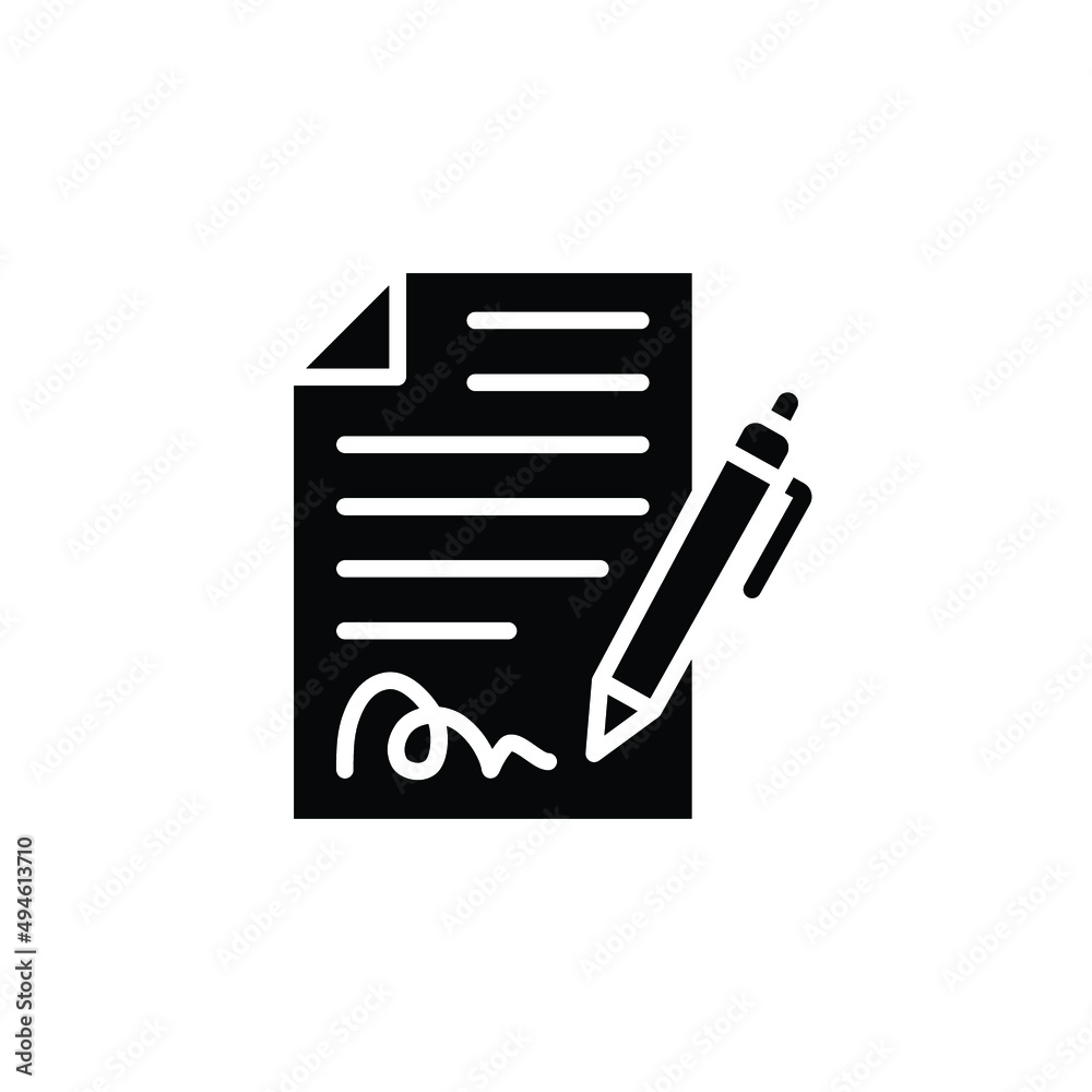 Pen signing contract icon. Simple solid style. Signature, paper, glyph symbol isolated on white background for graphic and web design. EPS 10.