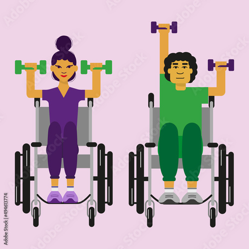 Handicapped people in wheelchairs exercising. Lifting weights. Vector illustration. Latin people 