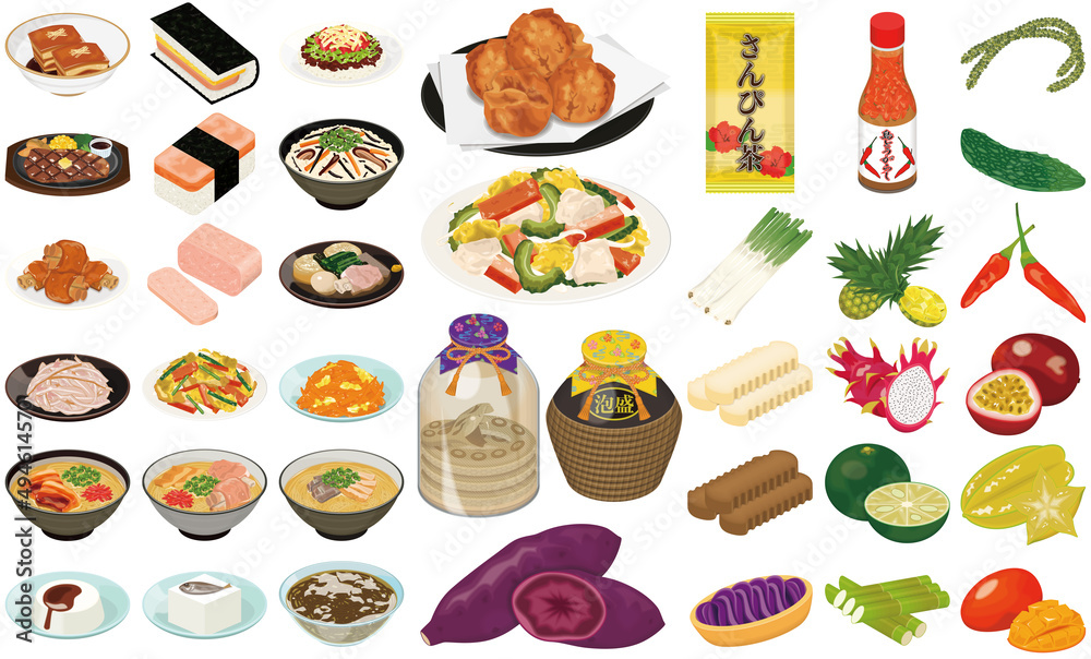 沖縄の人気グルメ 名産のイラスト 沖縄そば ポーク卵おにぎり サーターアンダギー ゴーヤーチャンプルー Stock Illustration Adobe Stock