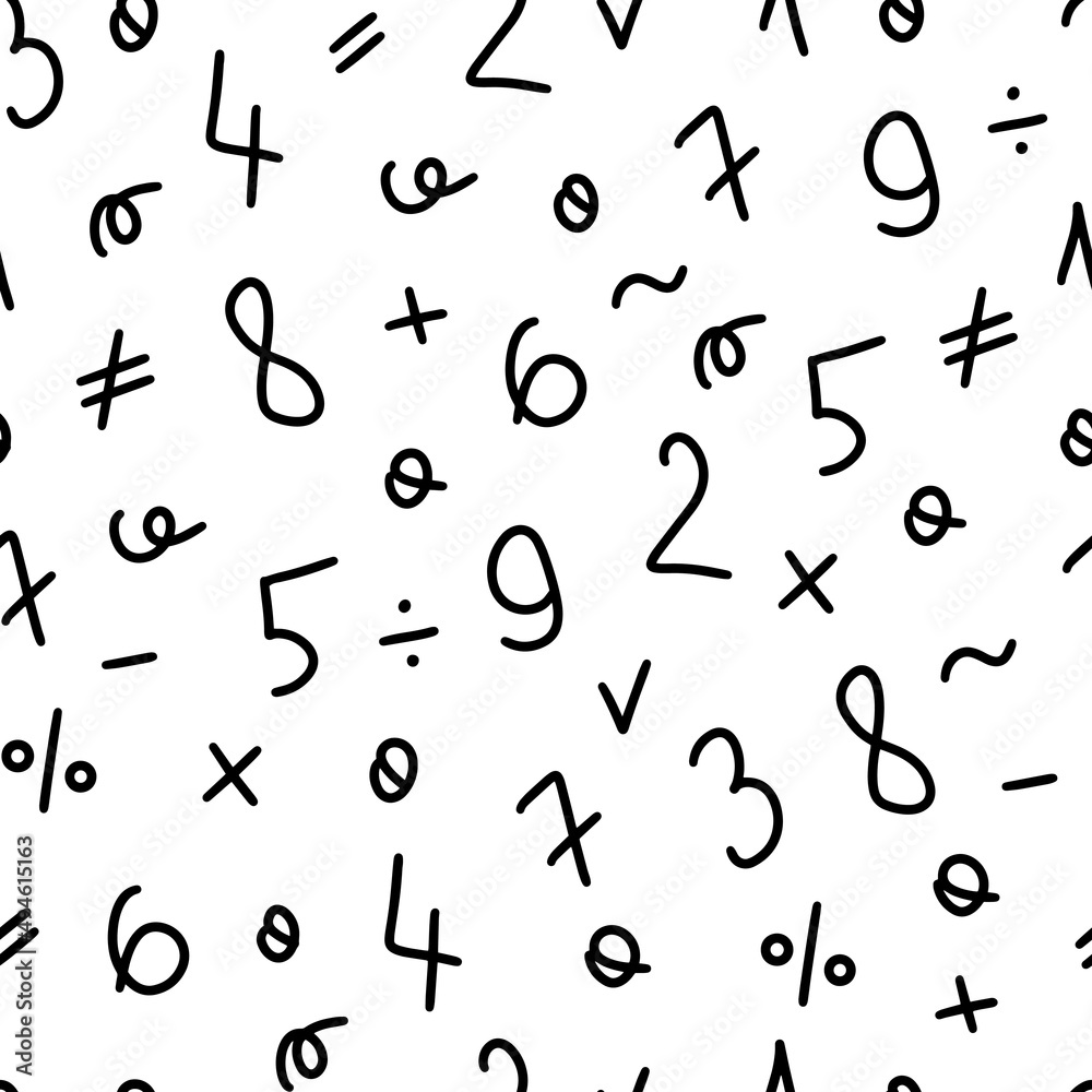 Abstract drawing of Arabic numerals and various arithmetic signs in black on a white background. Vector abstract seamless pattern with hand drawn round numbers made with a brush. Abstract drawing of Arabic numerals and various arithmetic signs in black on a white background. Vector abstract seamless pattern with hand drawn round numbers made with a brush.