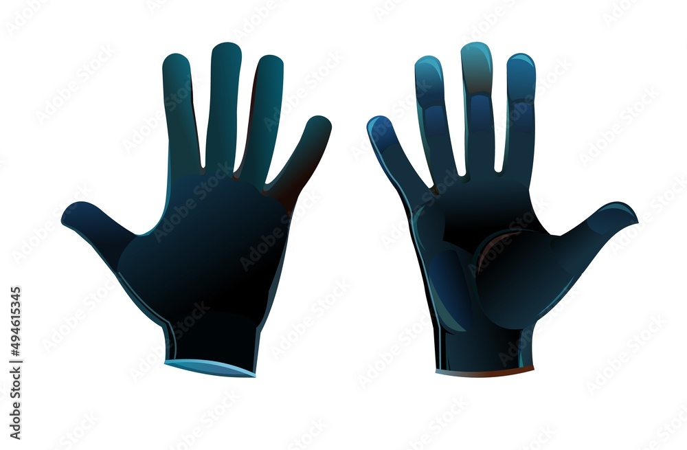 Obraz premium Plain black leather gloves outside and inside. Cartoon style. Object isolated on white background. Vector