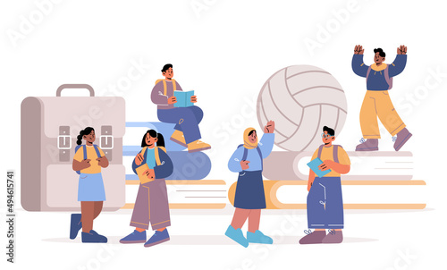 Diverse students kids studying, back to school, education concept. Multiracial pupils at huge book piles, sport ball and backpack children read, learn classes, communicate Line art vector illustration