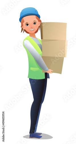 Little girl in overalls. Teen Handyman, locksmith or repairman. Cheerful person. Standing pose. Cartoon comic style flat design. Single character. Illustration isolated on white background. Vector