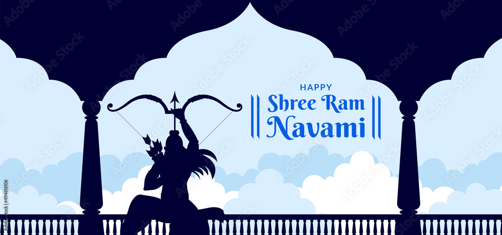illustration of Lord Rama, Ram Navami festival Hindi text - obrazy, fototapety, plakaty 