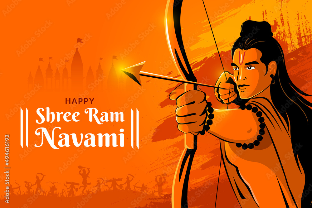 Shri Ram Navami Greeting hands of Lord Rama Holding Big Bow and Arrow - obrazy, fototapety, plakaty 