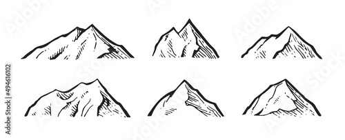 Set of stone rock from afar. A piece of cliff. In the style of contour engraving. Outline sketch. Hand drawing is isolated on a white background. Vector