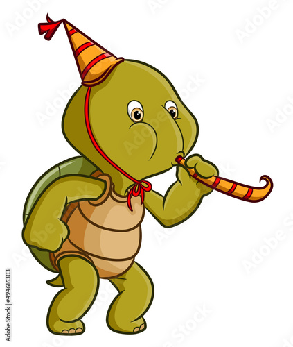 The turtle celebrating the birthday and blowing the trump