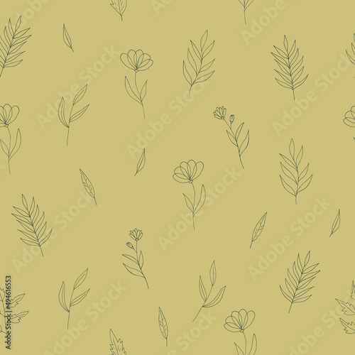 flowers seamless pattern hand drawn doodle. vector, minimalism, scandinavian, monochrome, trendy colors 2022. simple abstract plants. wallpaper, wrapping paper, textiles, background.