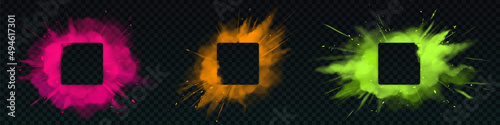 Paints explosion square frames, powder clouds borders with empty space. Pink, orange and green Holi color splashes, backgrounds, banner templates with colorful smoke, Realistic 3d vector illustration