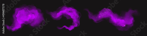 Purple powder clouds, magic dust splashes and flows. Vector realistic set of flowing violet steam or fog, paint powder with glitter particles and sparkles isolated on black background