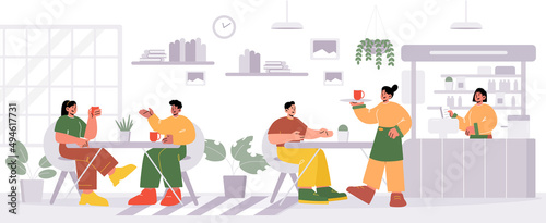 People in cafe or restaurant. Vector flat illustration of coffee shop interior with tables, chairs, bar counter, plants and shelves with books. Cafeteria with waitress carrying tray with cup