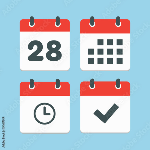 Icons calendar number 27, agenda app, timer, done