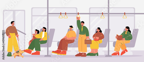 People ride in public transport. Vector flat illustration of bus, train or tram interior with seat, handrails and sitting and standing passengers. City public transport with men and women inside