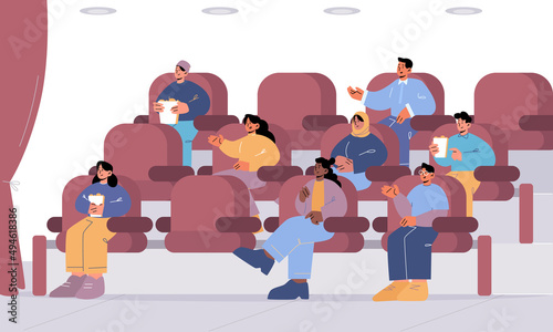 People sitting in chairs at movie theater or cinema auditorium. Diverse men and women viewers or moviegoers with pop corn watching film or motion picture in theatre, Line art vector illustration