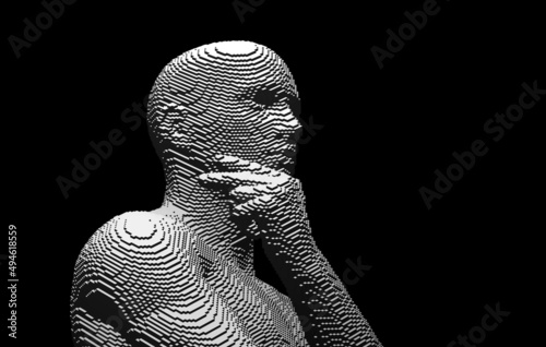 Time to think. A man with his hand on his chin as though he was thinking. Artificial intelligence concept. Searching for answers. Your personal assistent. Voxel art. 3D vector illustration. photo