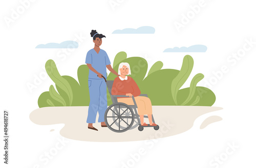 A nurse or female doctor and old age woman on wheelchair outdoors. Volunteer helping elderly lady. Scene of social worker with senior person in nature. Assisted living concept. Vector illustration.