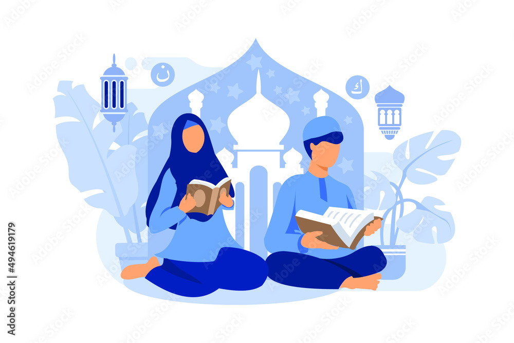 Muslim couple reading and studying the Quran during Ramadan Kareem holy Month vector illustration Muslim couple reading and studying the Quran during Ramadan Kareem holy Month vector illustration